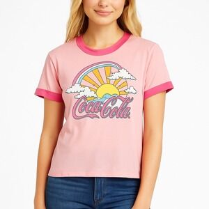 Coca-Cola T-Shirt Pink Rainbow Graphic Ringer Tee Top Womens‎ Size Medium